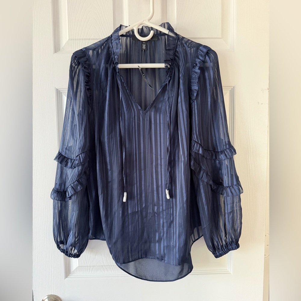 White House Black Market Sheer Navy Sparkle Stripe Ruffle Blouse